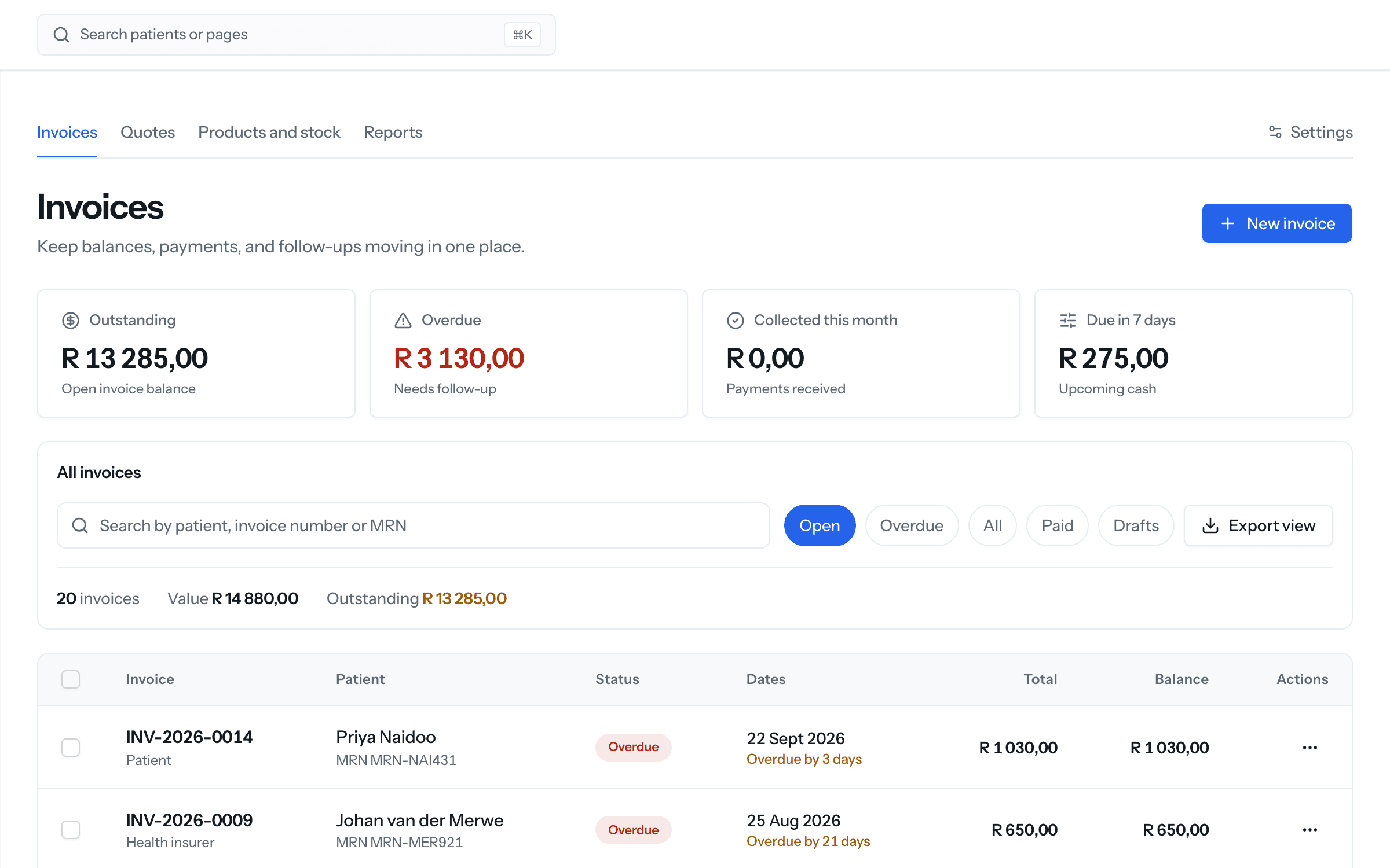SnagMD invoices with outstanding and overdue balances in rand
