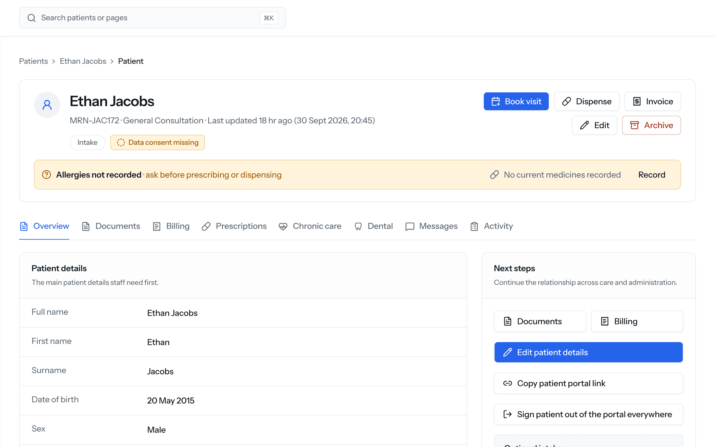 SnagMD patient record with allergy warning and next steps