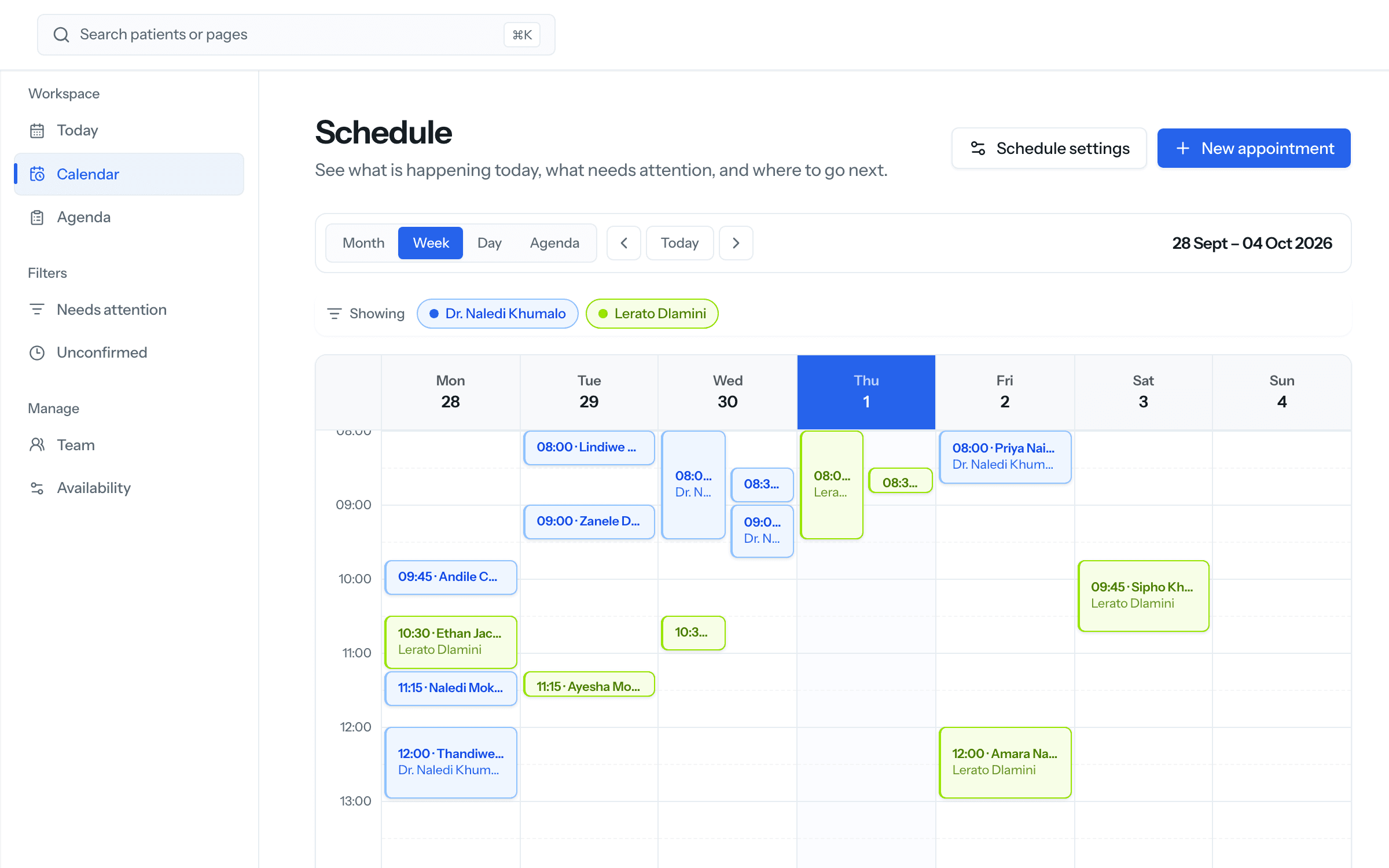 SnagMD week calendar with appointments for two practitioners